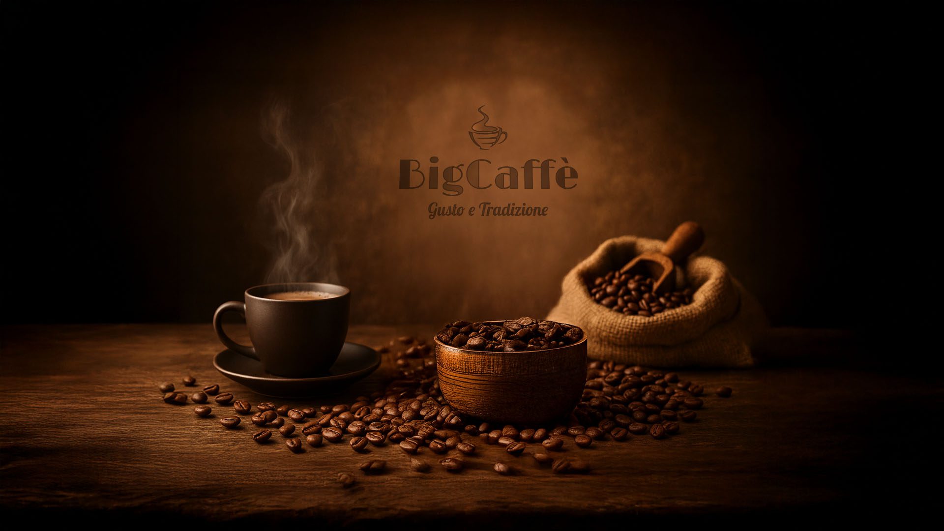 azza fumante di caffè con chicchi sparsi, ciotola in legno e sacco di juta sullo sfondo con logo BigCaffè. Atmosfera calda, artigianale e tradizionale.
